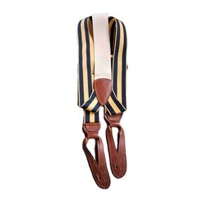 Trafalgar Suspenders Blue Gold Stripe Leather Button On Braces Made in England